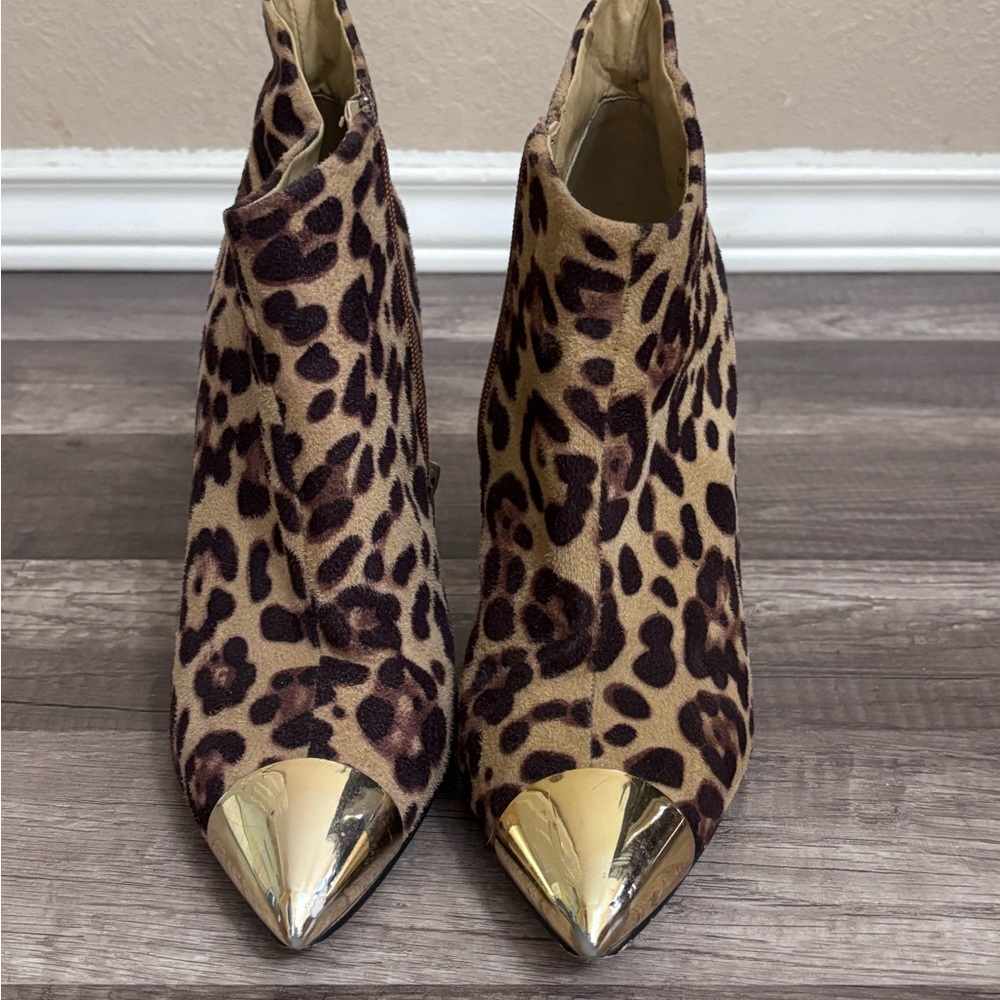 Leopard Print Ankle Boots with Gold Accents
